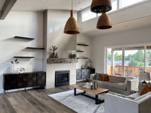 a living room with a fireplace and a couch